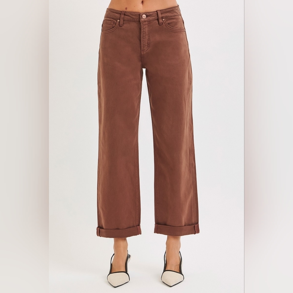 RISEN Mid-Rise Tummy Control Barrel Jeans Baggy Leg Rolled Hem Denim Pants Brown - Picture 11 of 16
